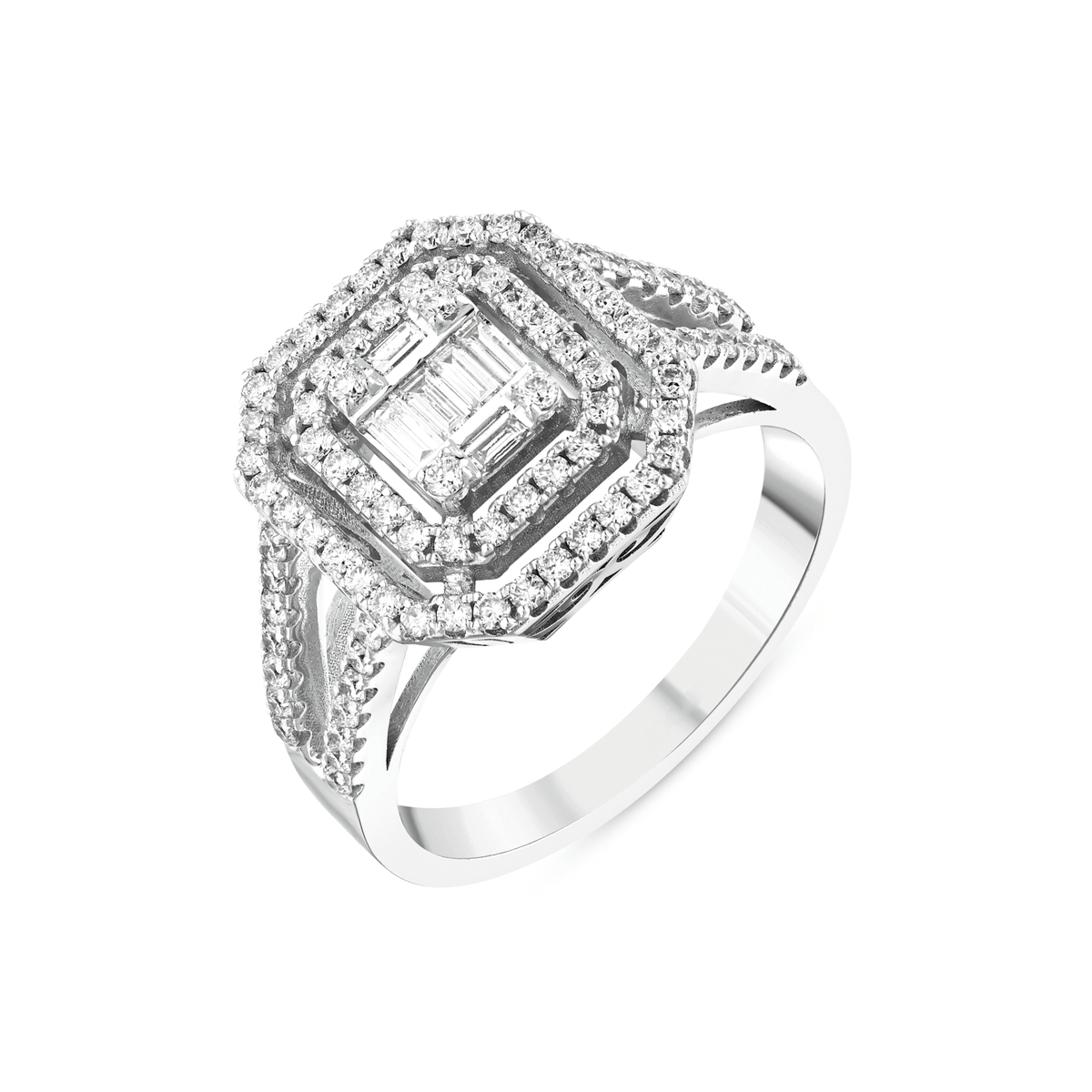 Baguette natural diamond double halo ring in 14K white gold, three-quarter view of the octagonal head and split shank