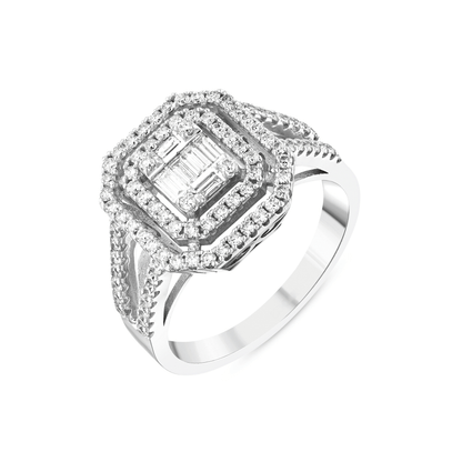 Baguette natural diamond double halo ring in 14K white gold, three-quarter view of the octagonal head and split shank