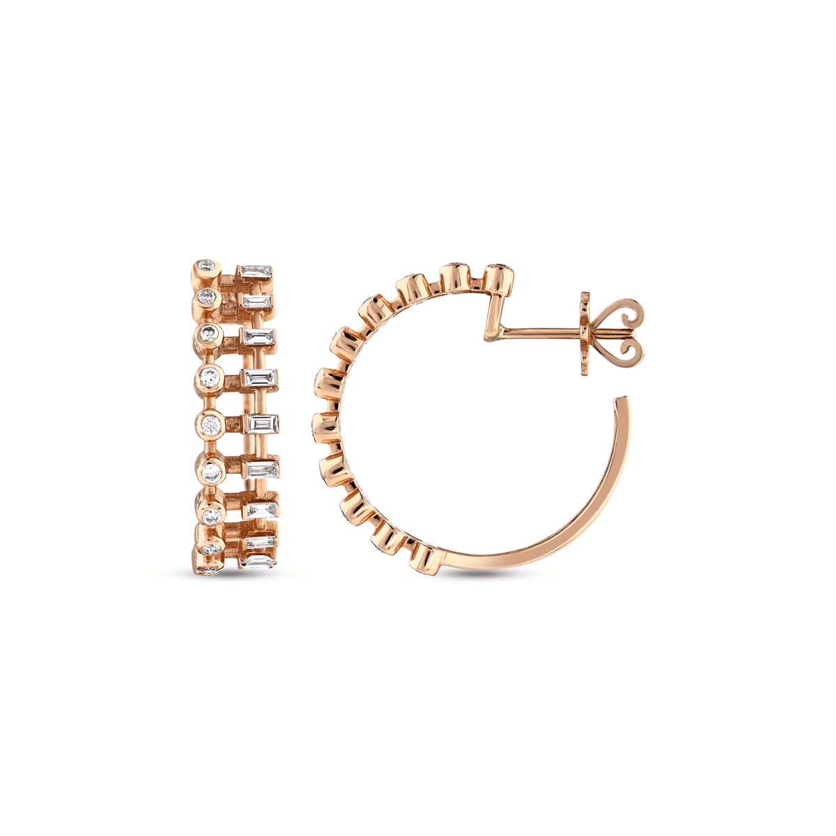 Baguette and round natural diamond hoop earring in 14K rose gold: the two-lane ladder front and the side view with its post and butterfly back