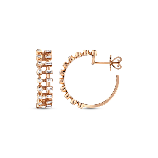Baguette and round natural diamond hoop earring in 14K rose gold: the two-lane ladder front and the side view with its post and butterfly back