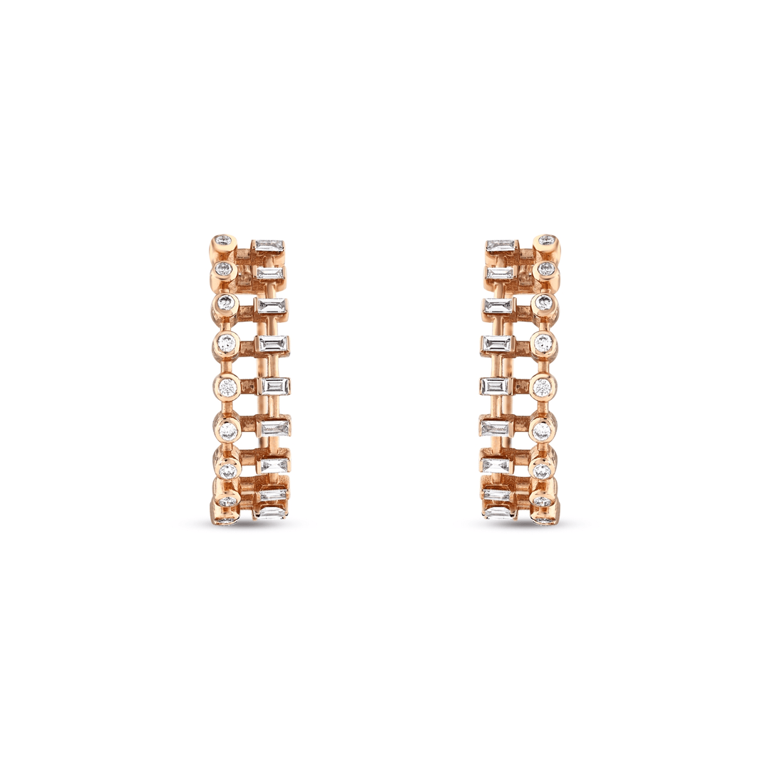 Pair of baguette and round natural diamond hoop earrings in 14K rose gold seen from the front