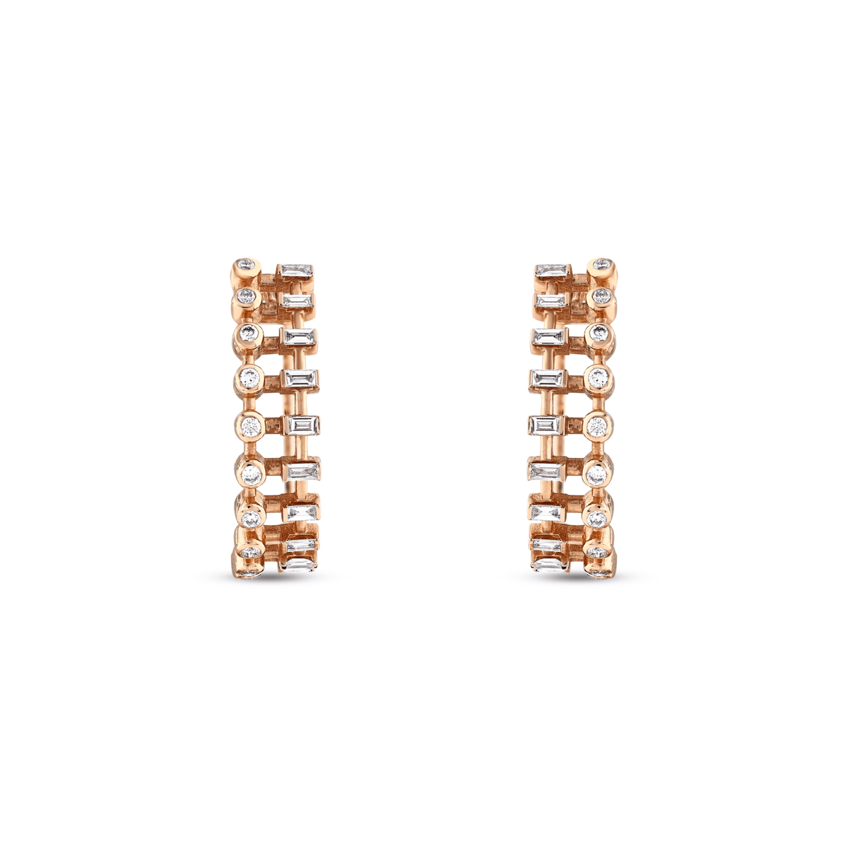 Pair of baguette and round natural diamond hoop earrings in 14K rose gold seen from the front