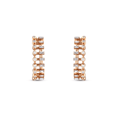 Pair of baguette and round natural diamond hoop earrings in 14K rose gold seen from the front
