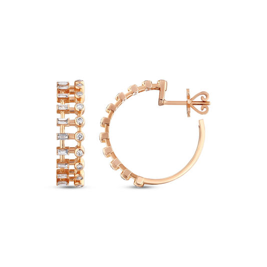 Baguette and round natural diamond ladder hoop earring in 14K rose gold: the two-lane front and the side view with its post and butterfly back