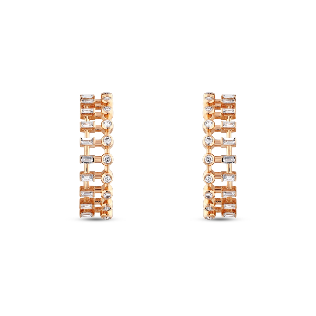 Pair of baguette and round natural diamond ladder hoop earrings in 14K rose gold seen from the front