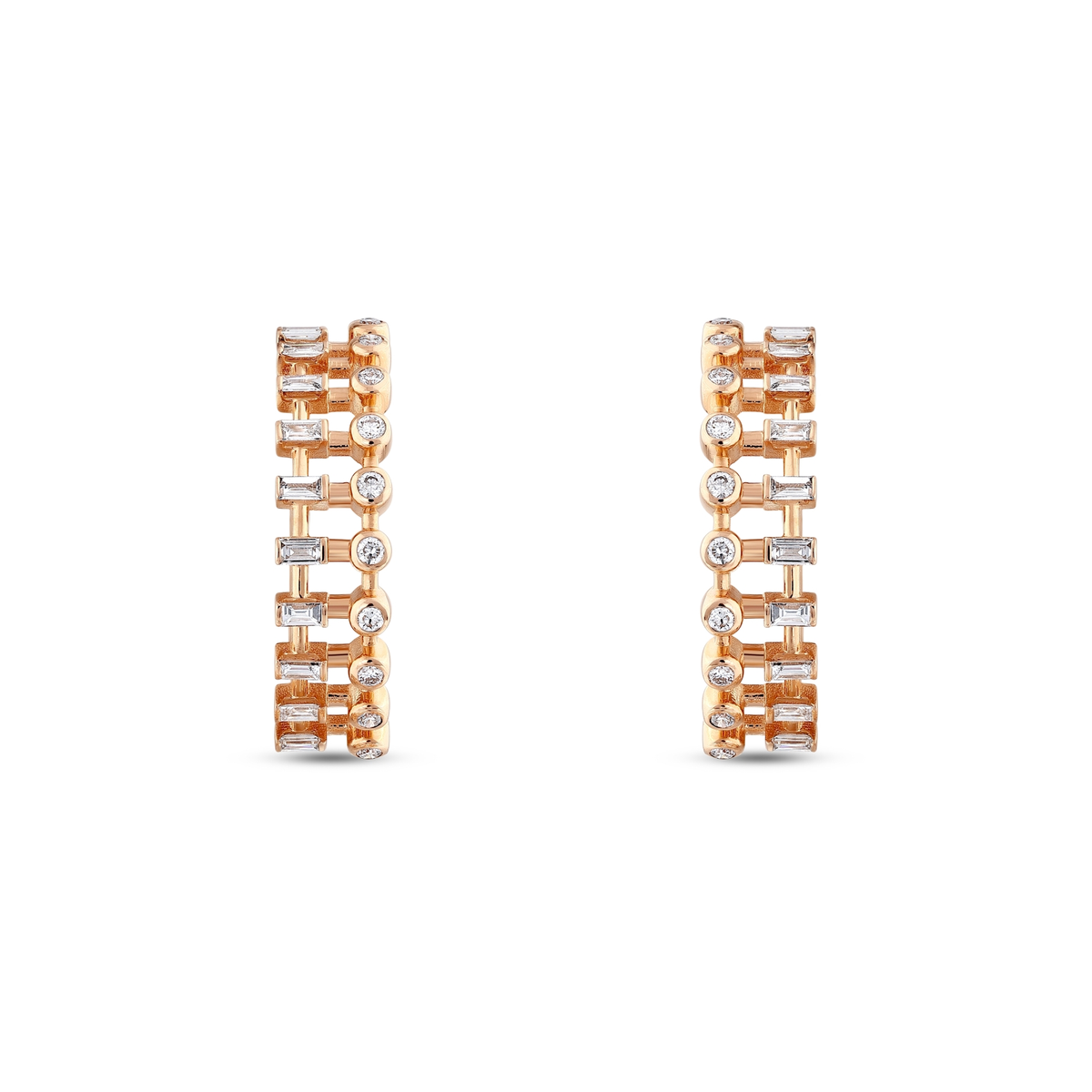 Pair of baguette and round natural diamond ladder hoop earrings in 14K rose gold seen from the front