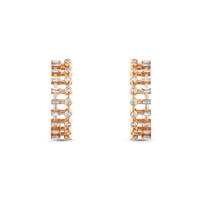 Pair of baguette and round natural diamond ladder hoop earrings in 14K rose gold seen from the front