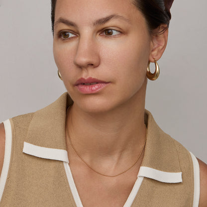 Ball Chain Necklace worn with a knit polo — minimalist dainty gold chain necklace.
