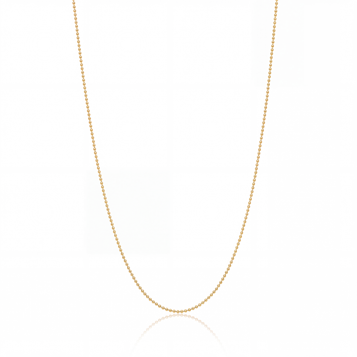 Ball Chain Necklace on white — 1 mm gold bead chain.