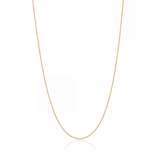 Ball Chain Necklace on white — 1 mm gold bead chain.