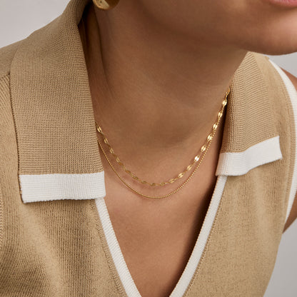 Ball Chain Necklace stacked with a wider gold chain — gold layering stack.