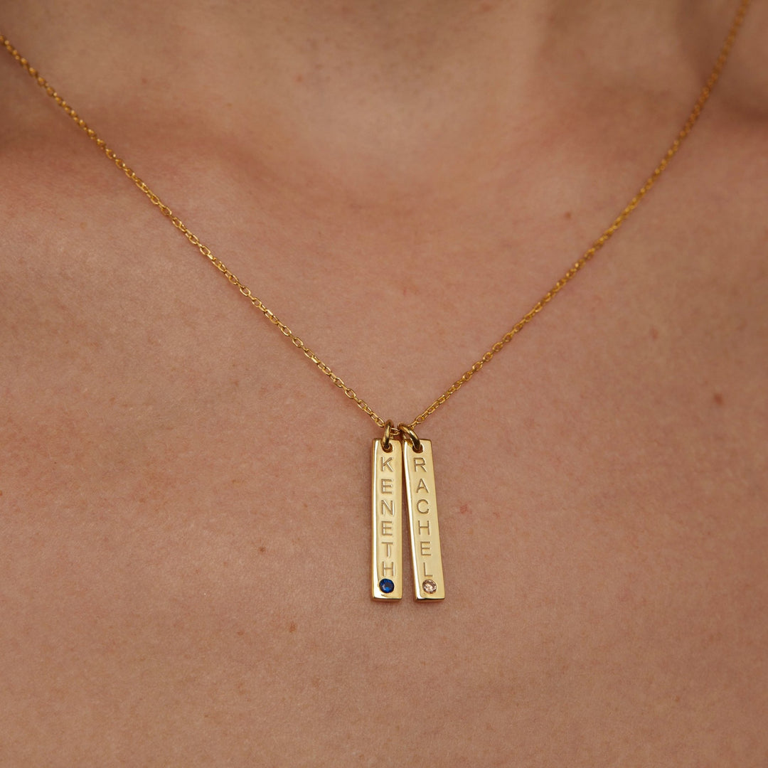 Bar Name Necklace with Birthstone as a thoughtful birthday gift in 18K Gold Vermeil with Birthstone. Hypoallergenic, no.