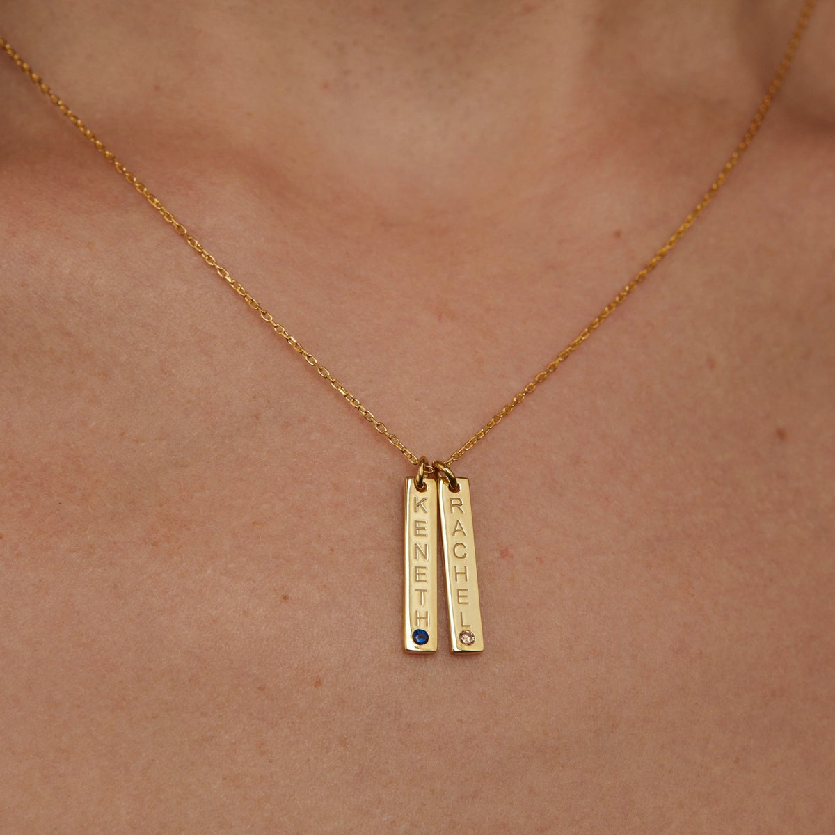Bar Name Necklace with Birthstone as a thoughtful birthday gift in 18K Gold Vermeil with Birthstone. Hypoallergenic, no.