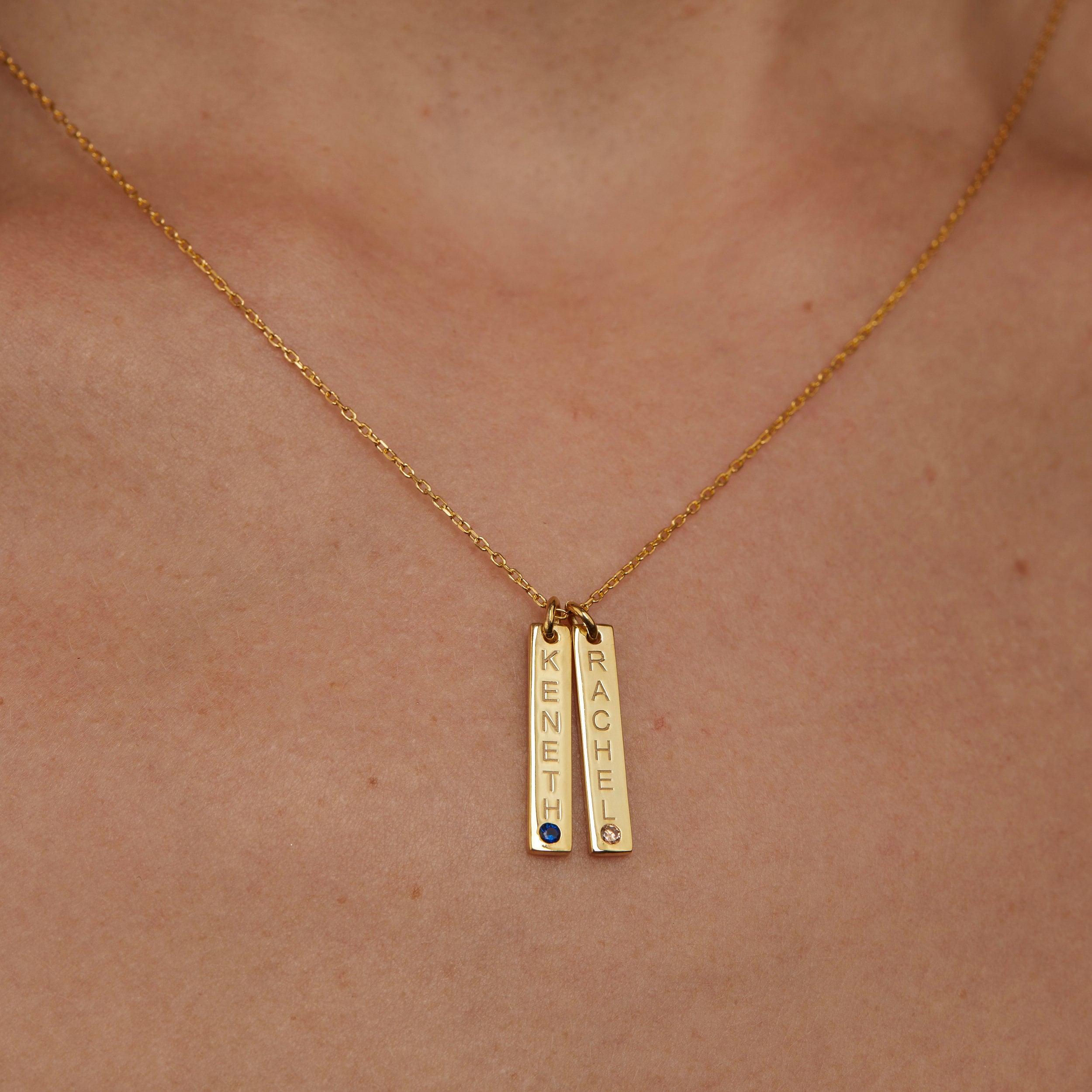 Bar Name Necklace with Birthstone as a thoughtful birthday gift in 18K Gold Vermeil with Birthstone. Hypoallergenic, no.