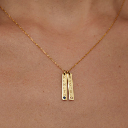 Bar Name Necklace with Birthstone as a thoughtful birthday gift in 18K Gold Vermeil with Birthstone. Hypoallergenic, no.