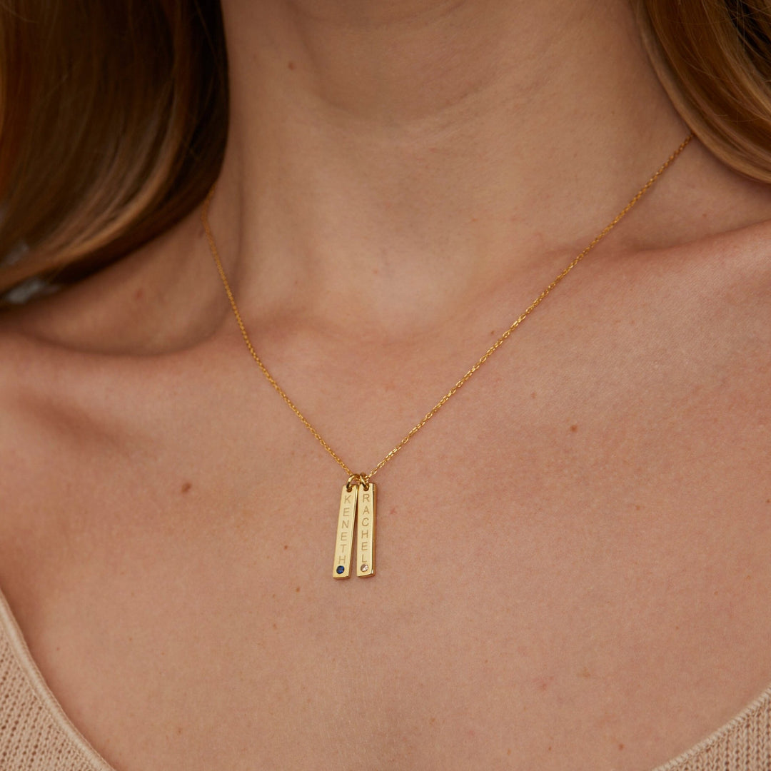 The Bar Name Necklace with Birthstone styled in 18K Gold Vermeil — elegant everyday jewelry. Hypoallergenic, no green marks.