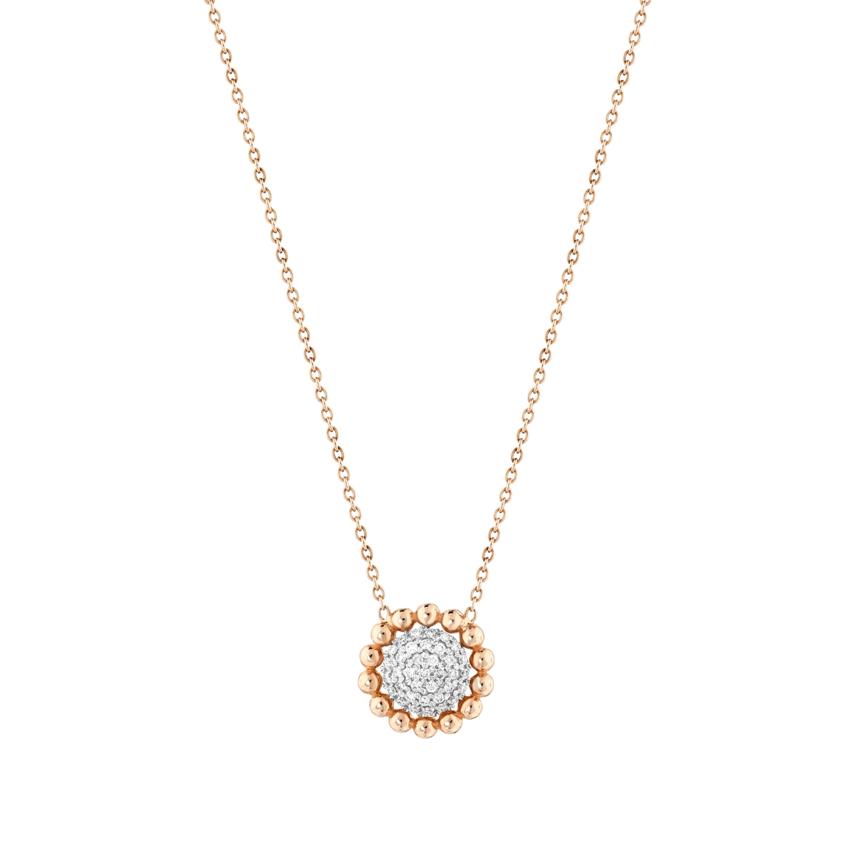 Beaded pavé disc natural diamond pendant necklace in 14K solid rose and white gold on a fine rose-gold cable chain, front view
