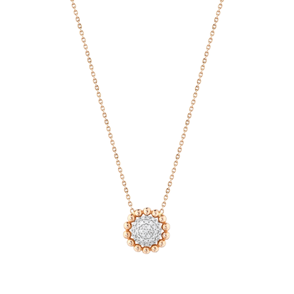 Beaded pavé disc natural diamond pendant necklace in 14K solid rose and white gold on a fine rose-gold cable chain, front view