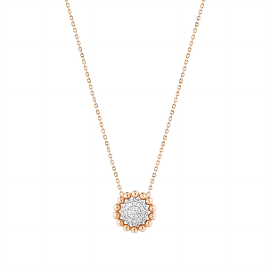 Beaded pavé disc natural diamond pendant necklace in 14K solid rose and white gold on a fine rose-gold cable chain, front view