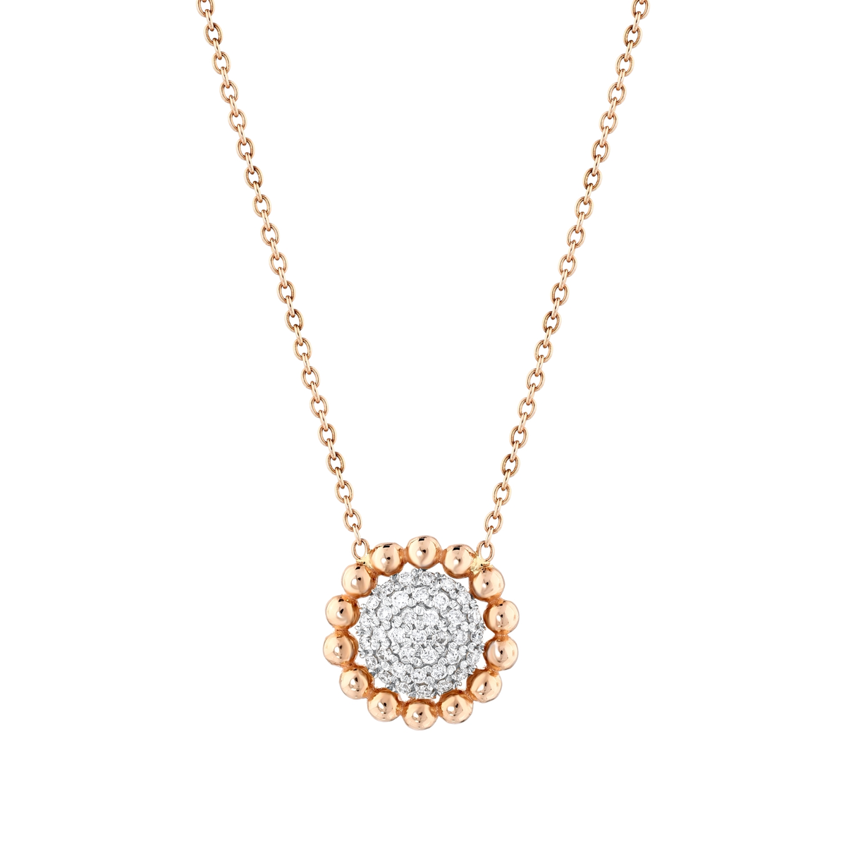 Close-up of the natural diamond pavé disc framed by fourteen rose-gold beads in 14K gold