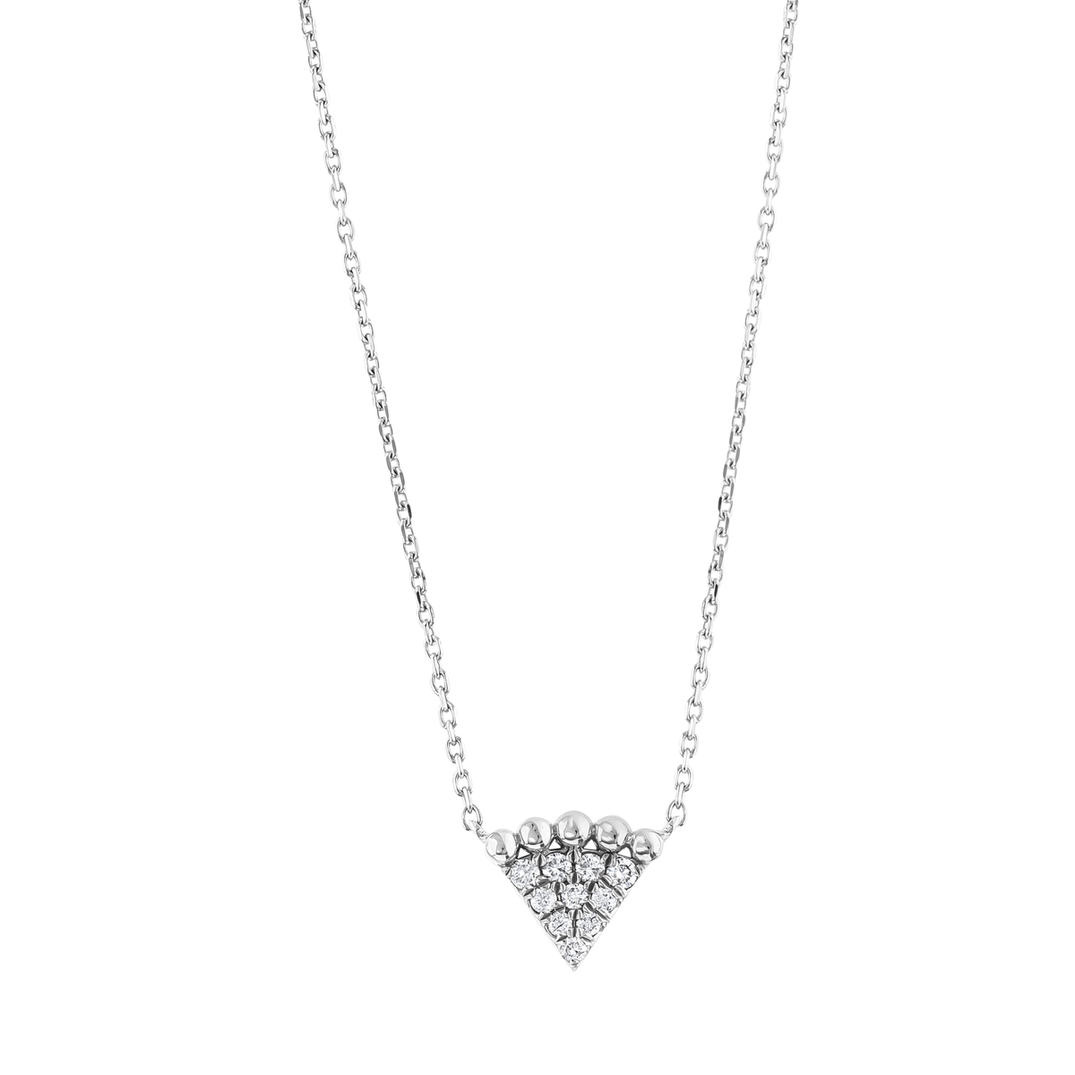 Beaded triangle pavé natural diamond pendant necklace in 14K solid white gold on a fine cable chain, front view on white.