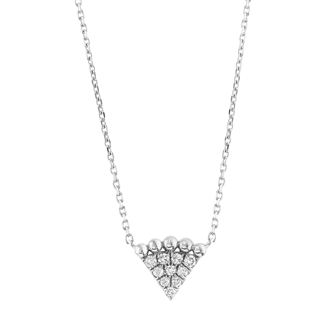 Close view of the ten pavé diamonds and five polished gold beads of a 14K white gold triangle necklace.