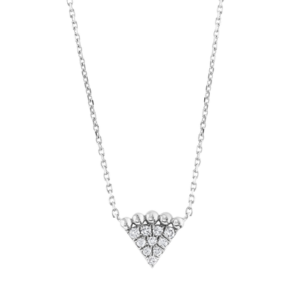 Close view of the ten pavé diamonds and five polished gold beads of a 14K white gold triangle necklace.