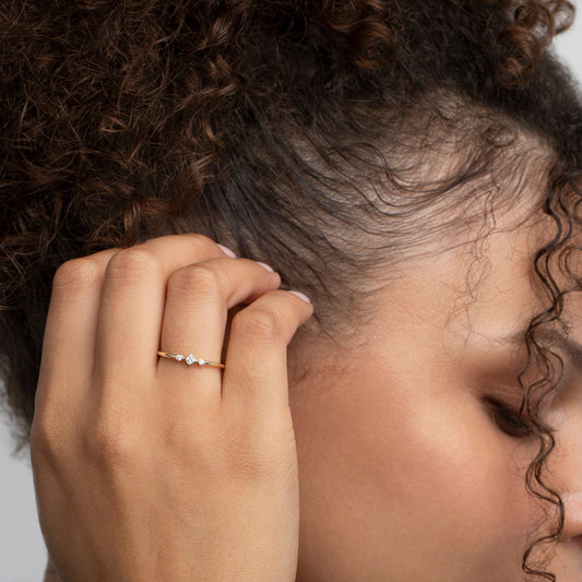 Close detail of the Bezel Diamond Stackable Ring in 18K Gold Vermeil with CZ Diamond. Hypoallergenic, no green marks.
