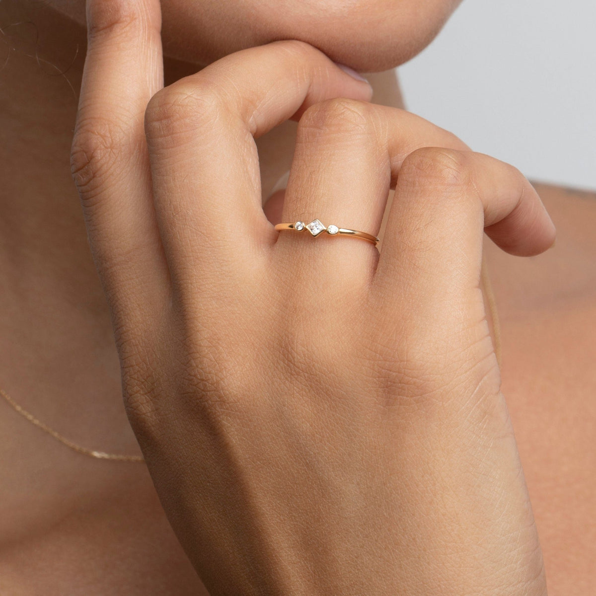 The Bezel Diamond Stackable Ring styled in 18K Gold Vermeil — elegant everyday jewelry. Tarnish-resistant.