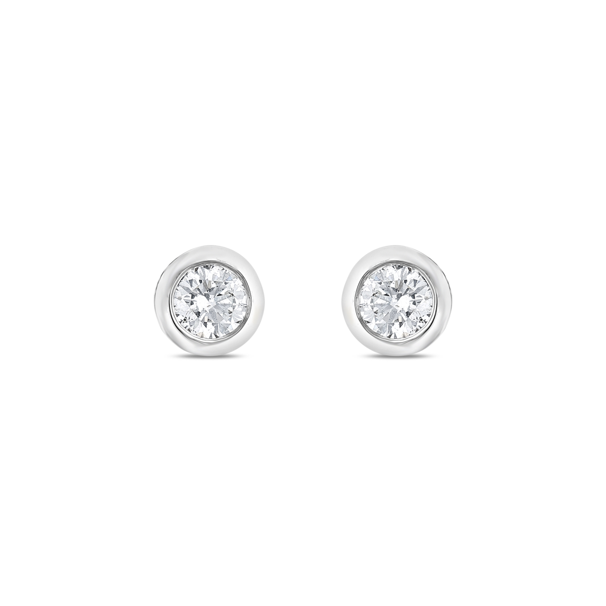Pair of bezel-set round natural diamond solitaire stud earrings in 14K solid white gold, front view
