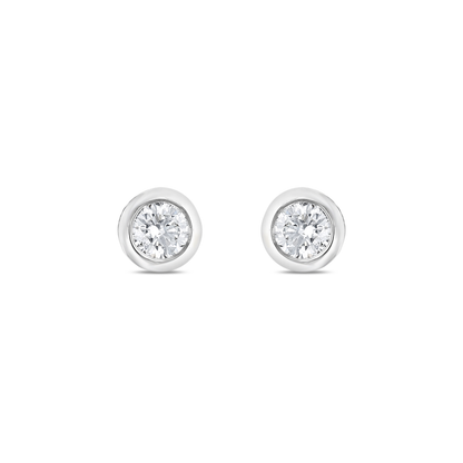 Pair of bezel-set round natural diamond solitaire stud earrings in 14K solid white gold, front view