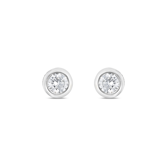 Pair of bezel-set round natural diamond solitaire stud earrings in 14K solid white gold, front view