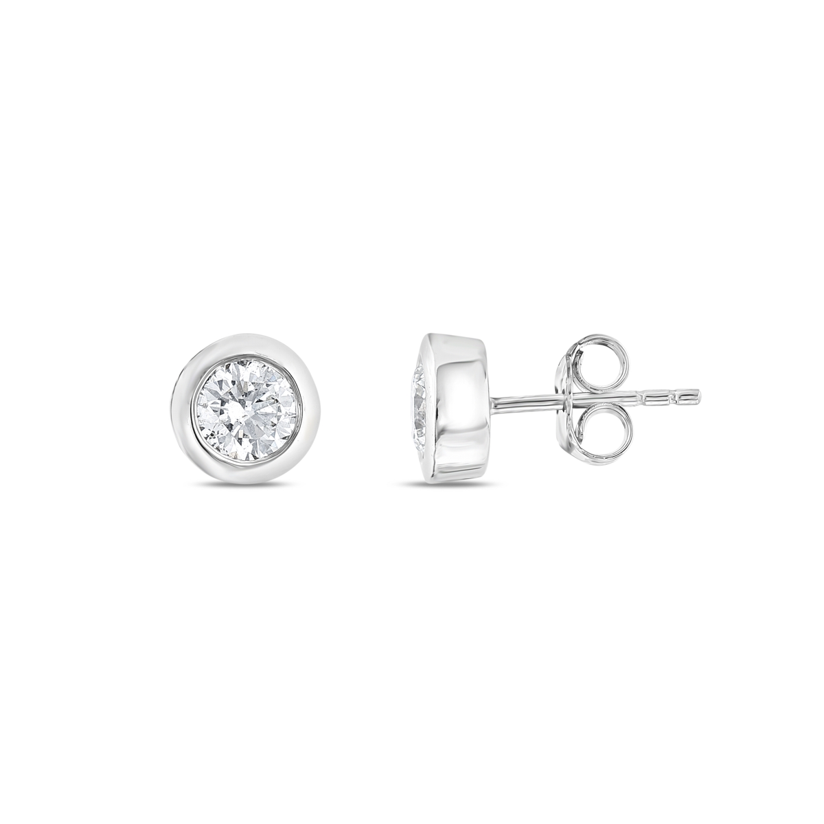Bezel-set round natural diamond solitaire stud earring in 14K white gold, front and side view showing the post and butterfly back
