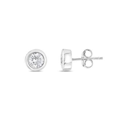 Bezel-set round natural diamond solitaire stud earring in 14K white gold, front and side view showing the post and butterfly back