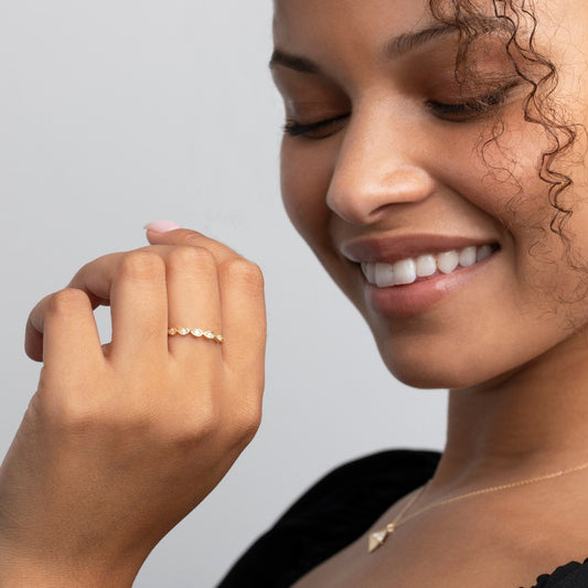 Close detail of the Bezel Tear Drop Band Ring in 18K Gold Vermeil with CZ Diamond. Hypoallergenic, no green marks, premium.