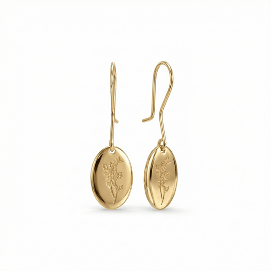 Birth Flower Drop Earrings in 18K Gold Vermeil. No green marks, perfect for daily wear.