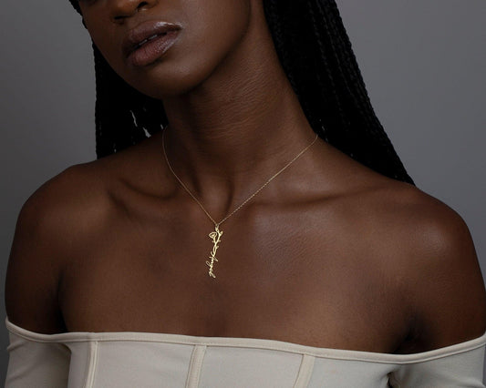 Close detail of the Birth Flower Name Necklace in 18K Gold Vermeil. Safe for sensitive skin, premium handmade jewelry.