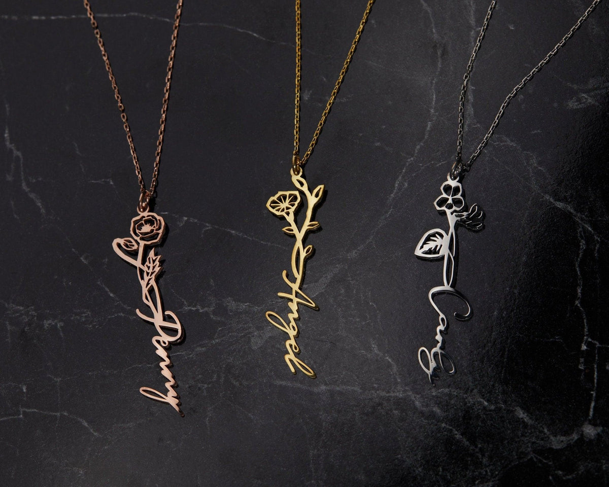 The Birth Flower Name Necklace styled in 18K Gold Vermeil — elegant everyday jewelry. Hypoallergenic, no green marks.