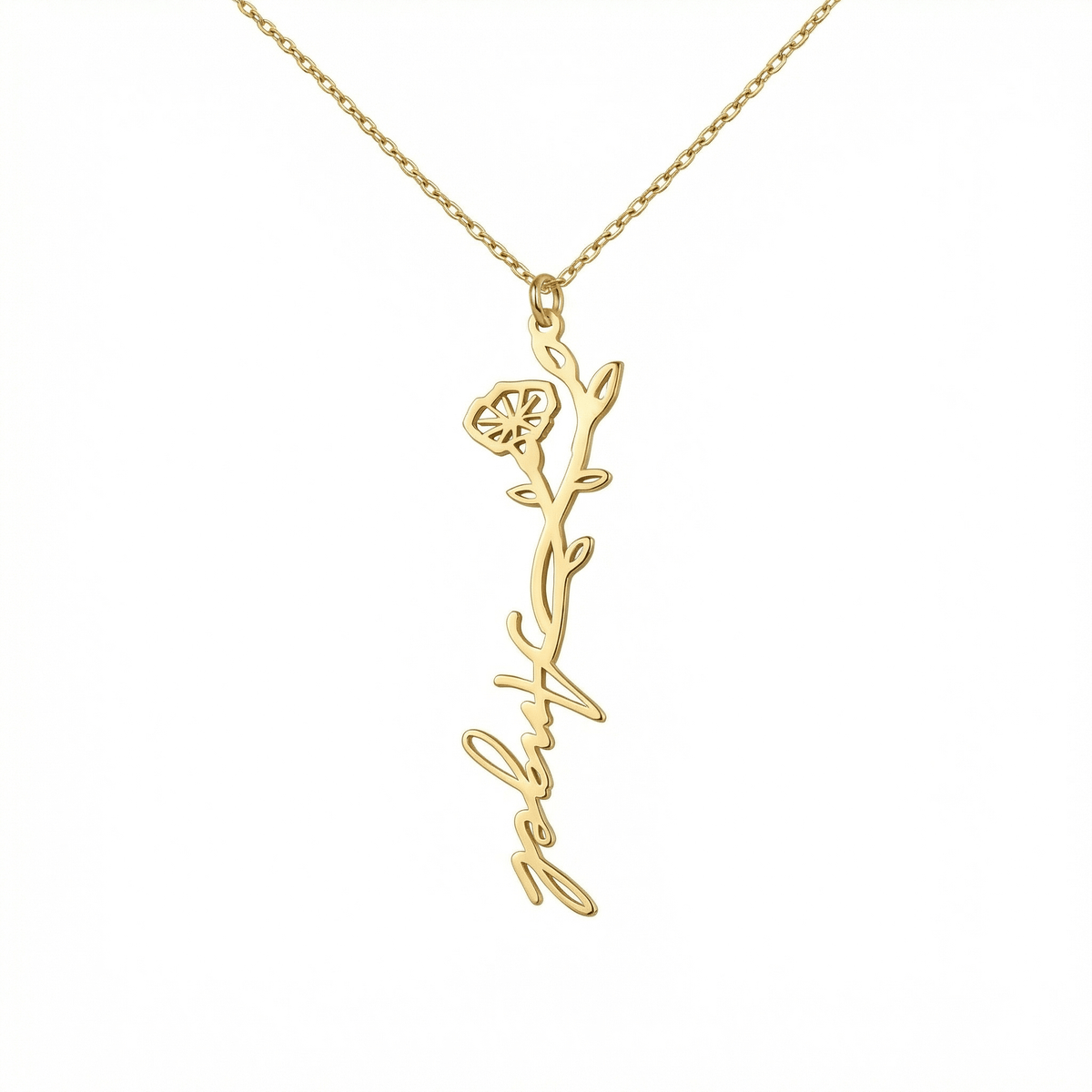 Birth Flower Name Necklace in 18K Gold Vermeil. Tarnish-resistant, perfect for daily wear.