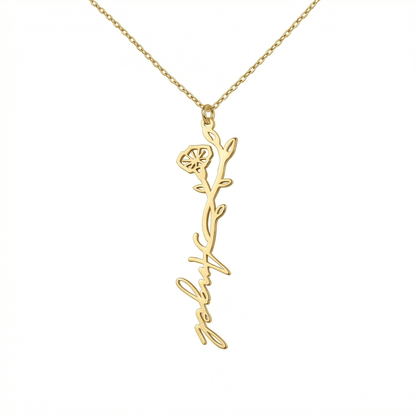 Birth Flower Name Necklace in 18K Gold Vermeil. Tarnish-resistant, perfect for daily wear.