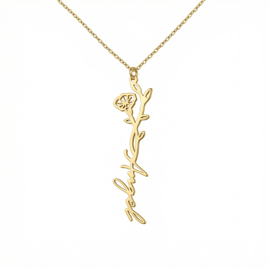 Birth Flower Name Necklace in 18K Gold Vermeil. Tarnish-resistant, perfect for daily wear.