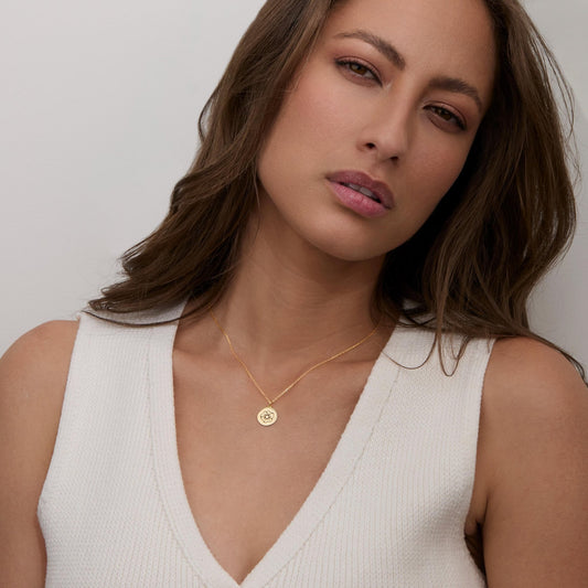 Close detail of the Birth Flower Necklace in 18K Gold Vermeil. Safe for sensitive skin, premium handmade jewelry.