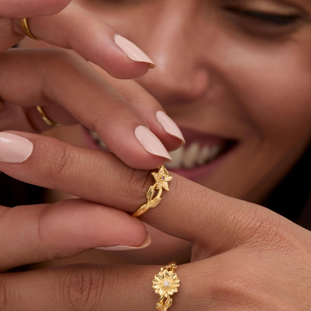 Birth Flower Ring with Birthstone as a thoughtful birthday gift in 18K Gold Vermeil with Birthstone. Hypoallergenic, no.