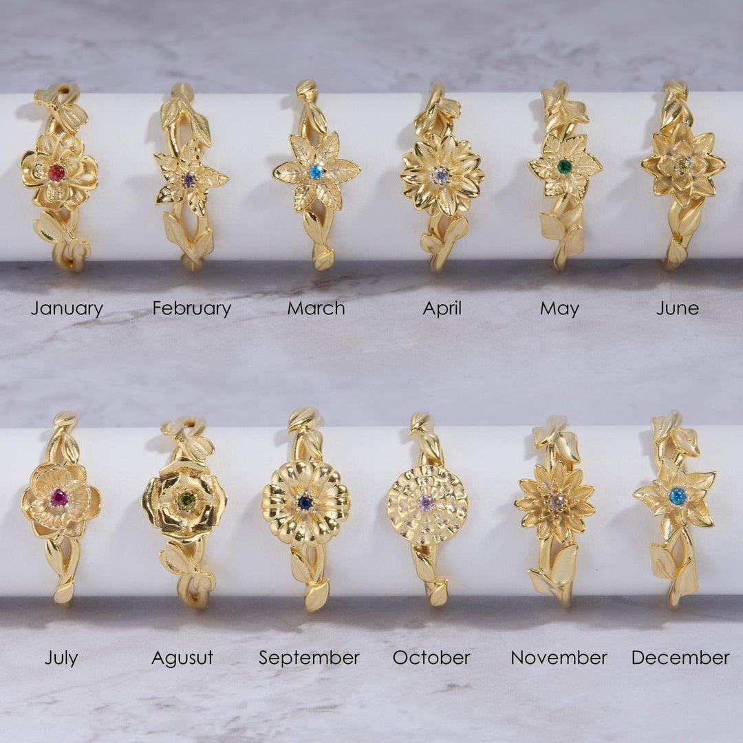 The Birth Flower Ring with Birthstone as a mother's day gift in 18K Gold Vermeil. Tarnish-resistant, made for keeping.