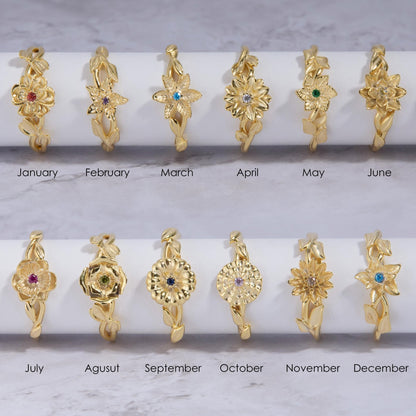The Birth Flower Ring with Birthstone as a mother's day gift in 18K Gold Vermeil. Tarnish-resistant, made for keeping.