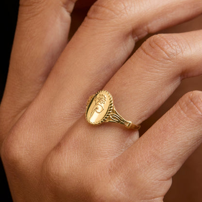 Close detail of the Birth Flower Signet Ring in 18K Gold Vermeil. Hypoallergenic, no green marks, premium handmade jewelry.