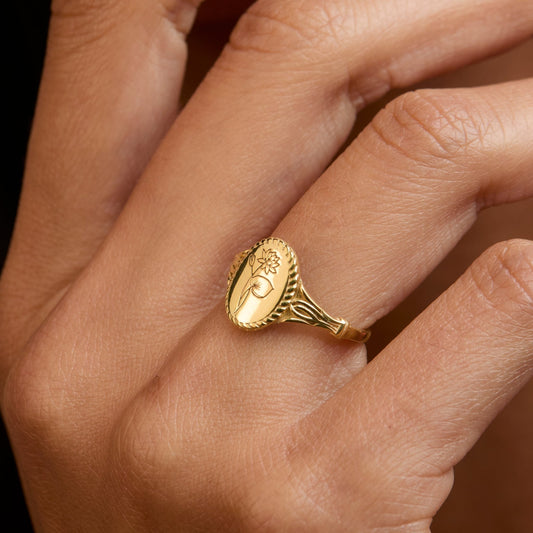 Close detail of the Birth Flower Signet Ring in 18K Gold Vermeil. Hypoallergenic, no green marks, premium handmade jewelry.