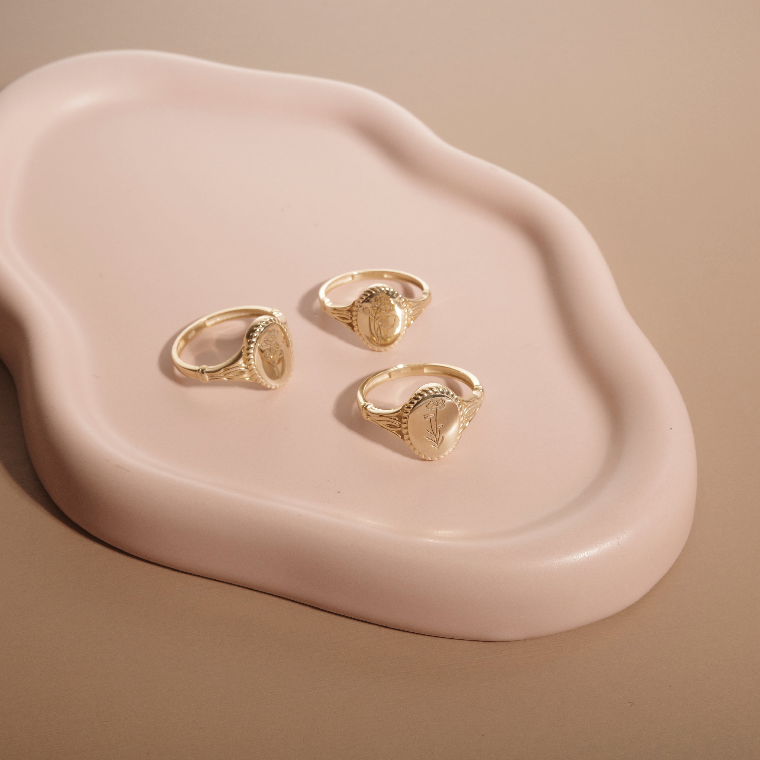 Macro detail of the Birth Flower Signet Ring showcasing craftsmanship in 18K Gold Vermeil. Tarnish-resistant, handmade.