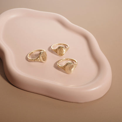 Macro detail of the Birth Flower Signet Ring showcasing craftsmanship in 18K Gold Vermeil. Tarnish-resistant, handmade.