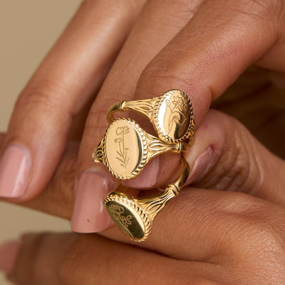Birth Flower Signet Ring as a thoughtful birthday gift in 18K Gold Vermeil. Hypoallergenic, no green marks.